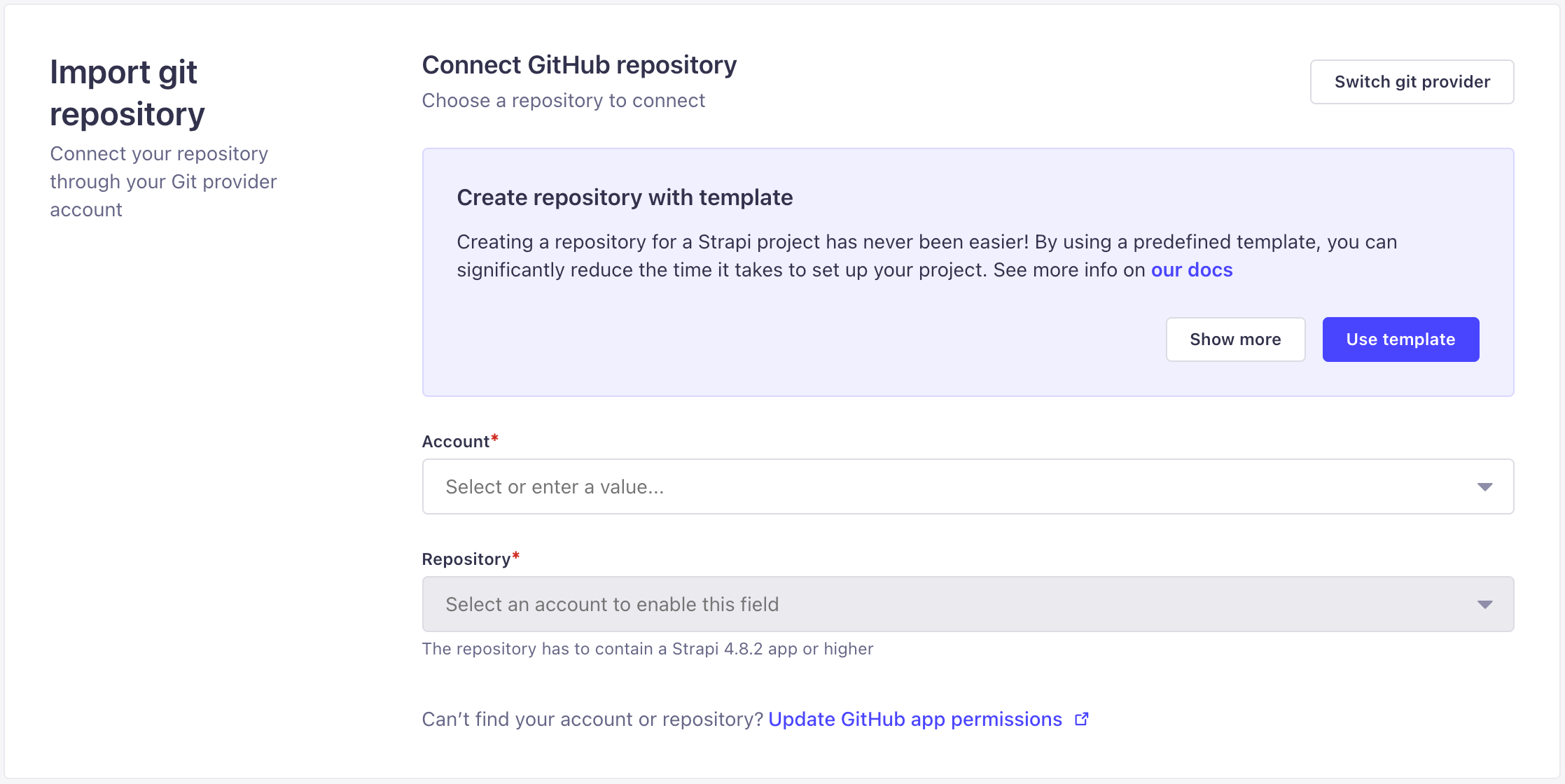 Selecting GitHub account and repository